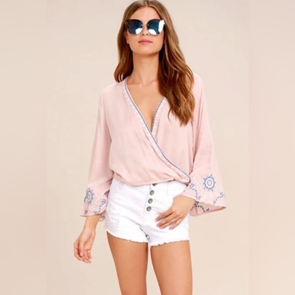 NWT Lulus Zen Again Blush Pink Embroidered Crop Top - XL